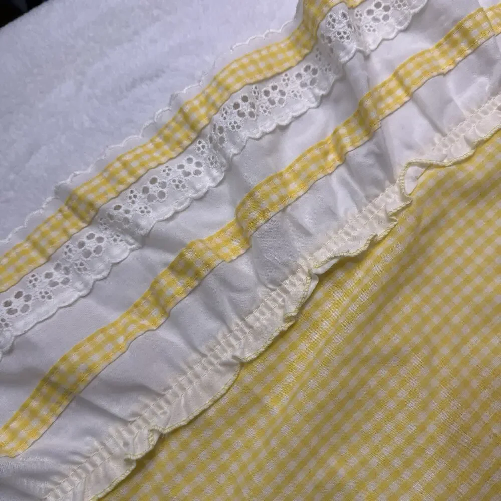 Vtg 70s Yellow White Pillowcase Queen Eyelet Ruffle Gingham Plaid Shabby Chic